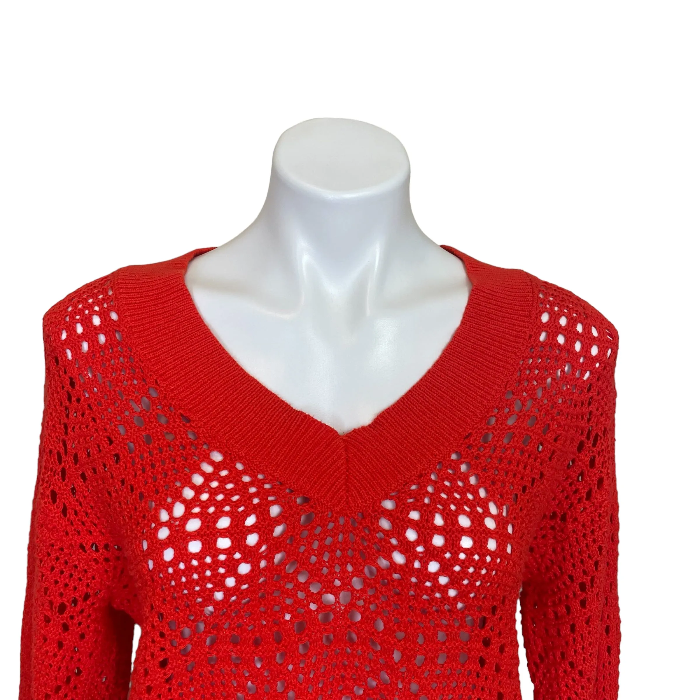 525 | Women's Red Open Knit Crop Pullover Sweater | Size: M