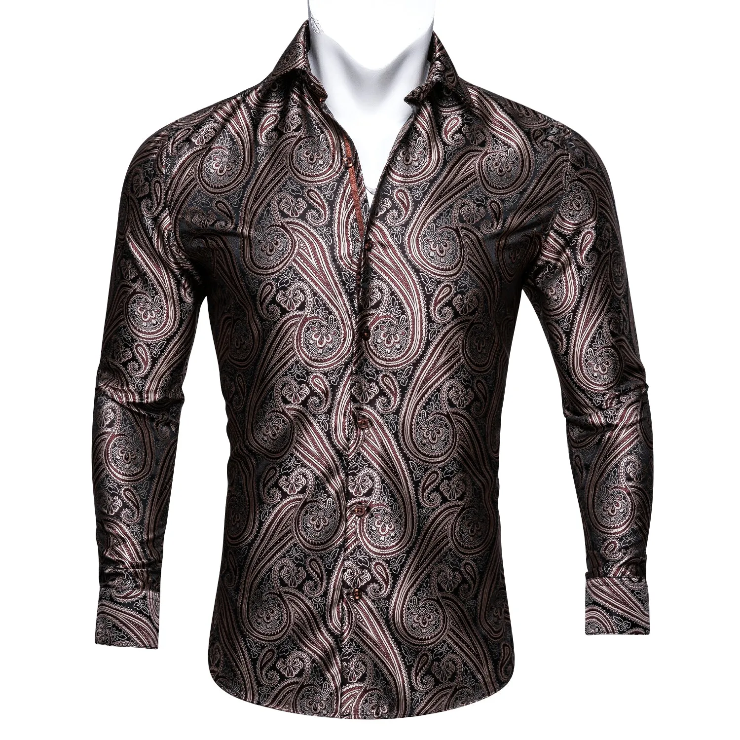 Barry Wang Brown Black Silk Tribal Long Sleeve Daily Tops Men's Shirt