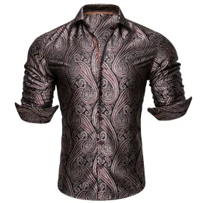 Barry Wang Brown Black Silk Tribal Long Sleeve Daily Tops Men's Shirt
