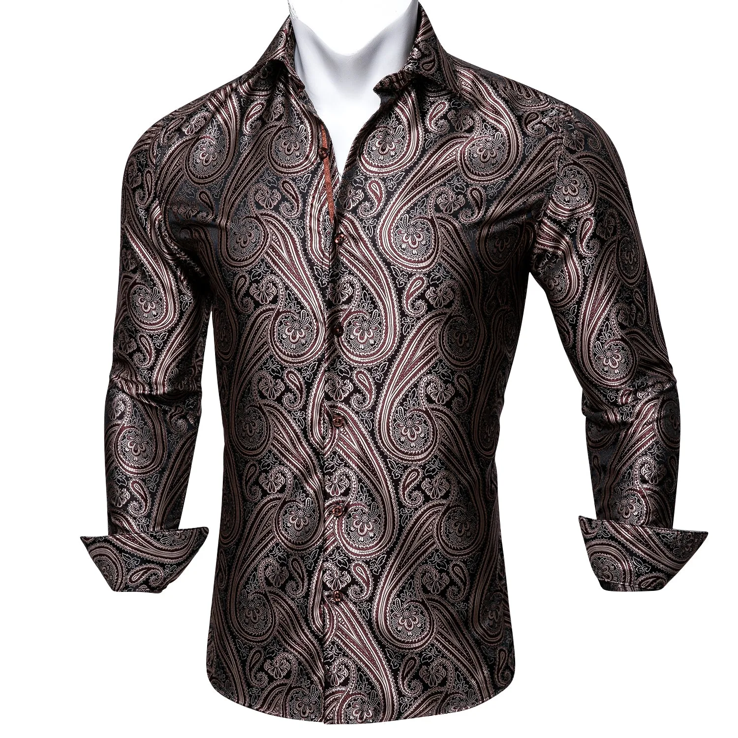 Barry Wang Brown Black Silk Tribal Long Sleeve Daily Tops Men's Shirt