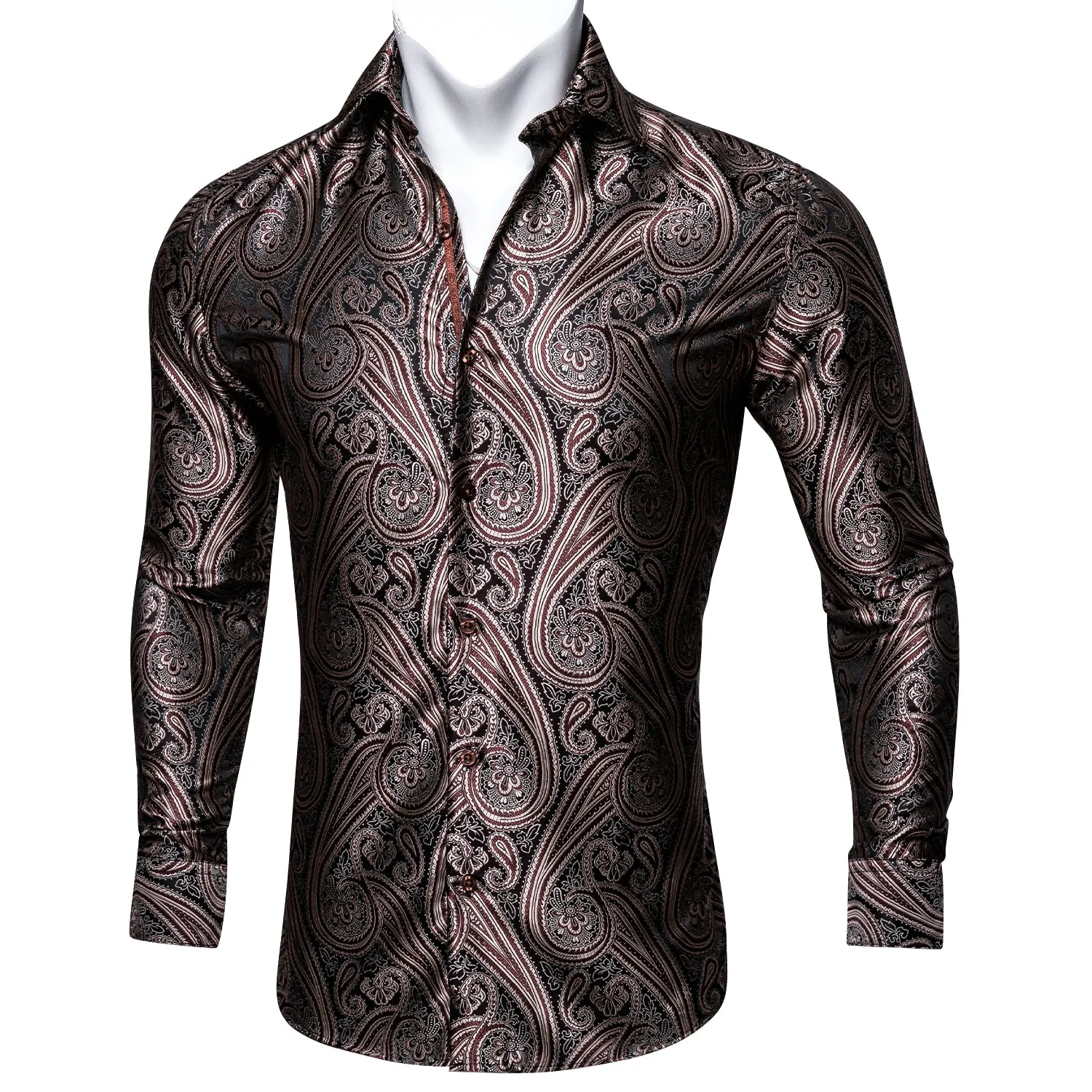 Barry Wang Brown Black Silk Tribal Long Sleeve Daily Tops Men's Shirt