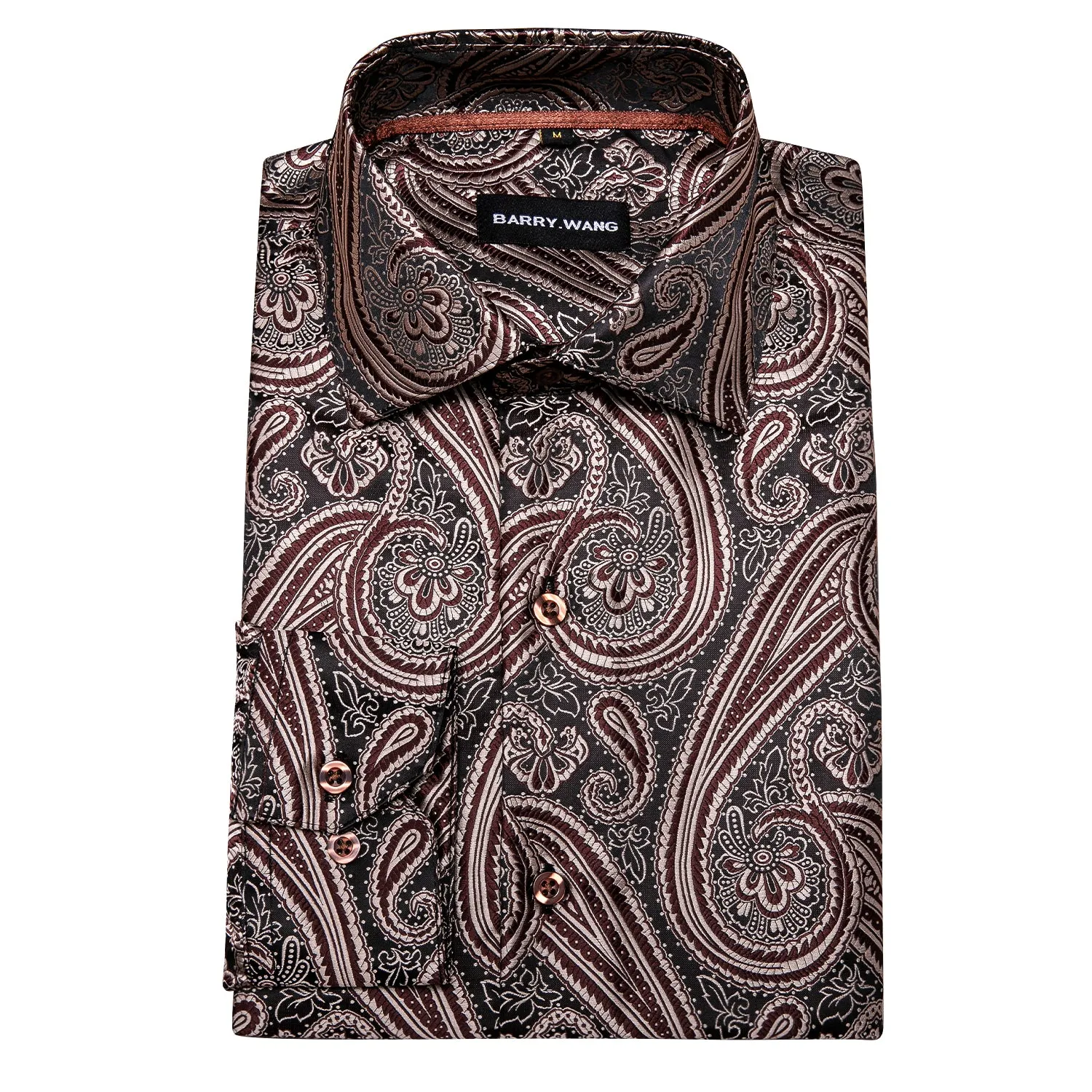 Barry Wang Brown Black Silk Tribal Long Sleeve Daily Tops Men's Shirt