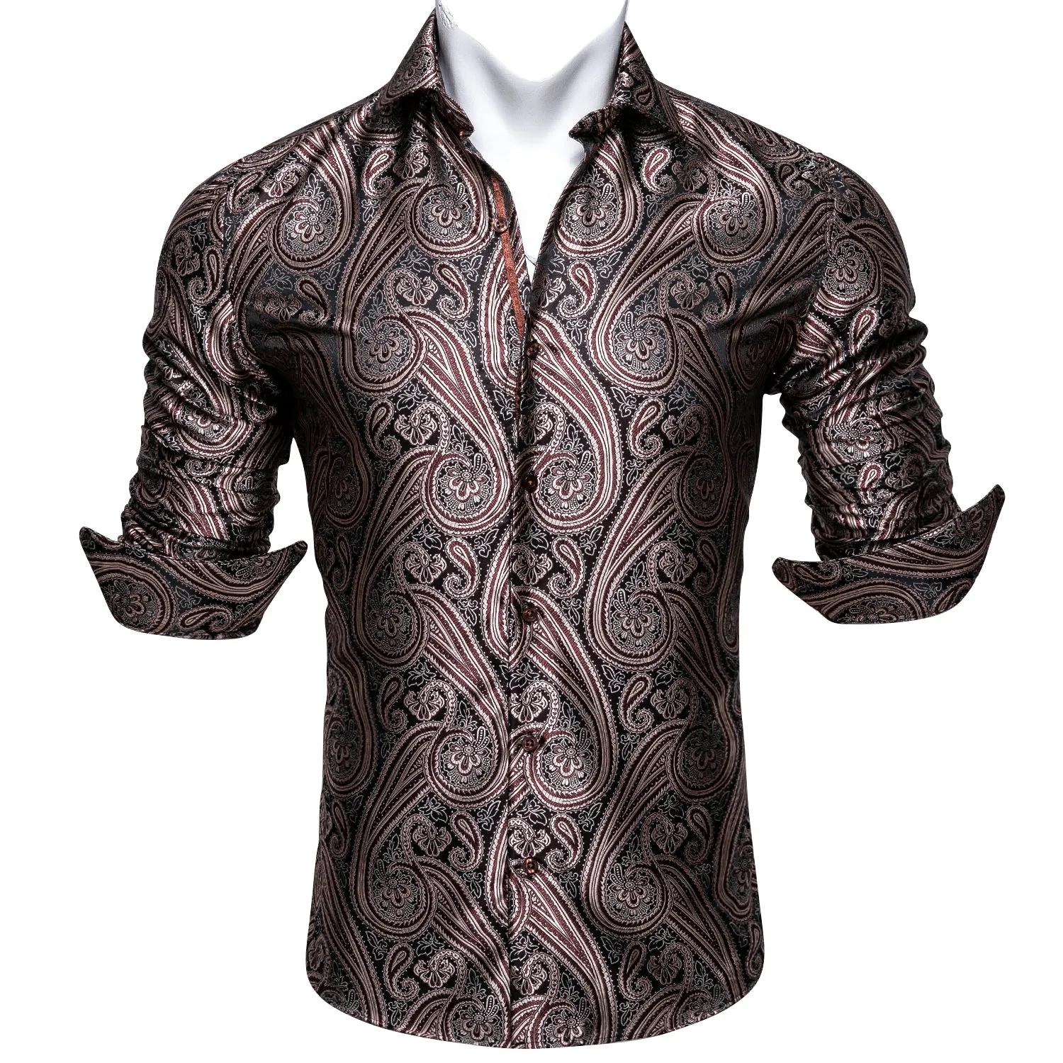 Barry Wang Brown Black Silk Tribal Long Sleeve Daily Tops Men's Shirt