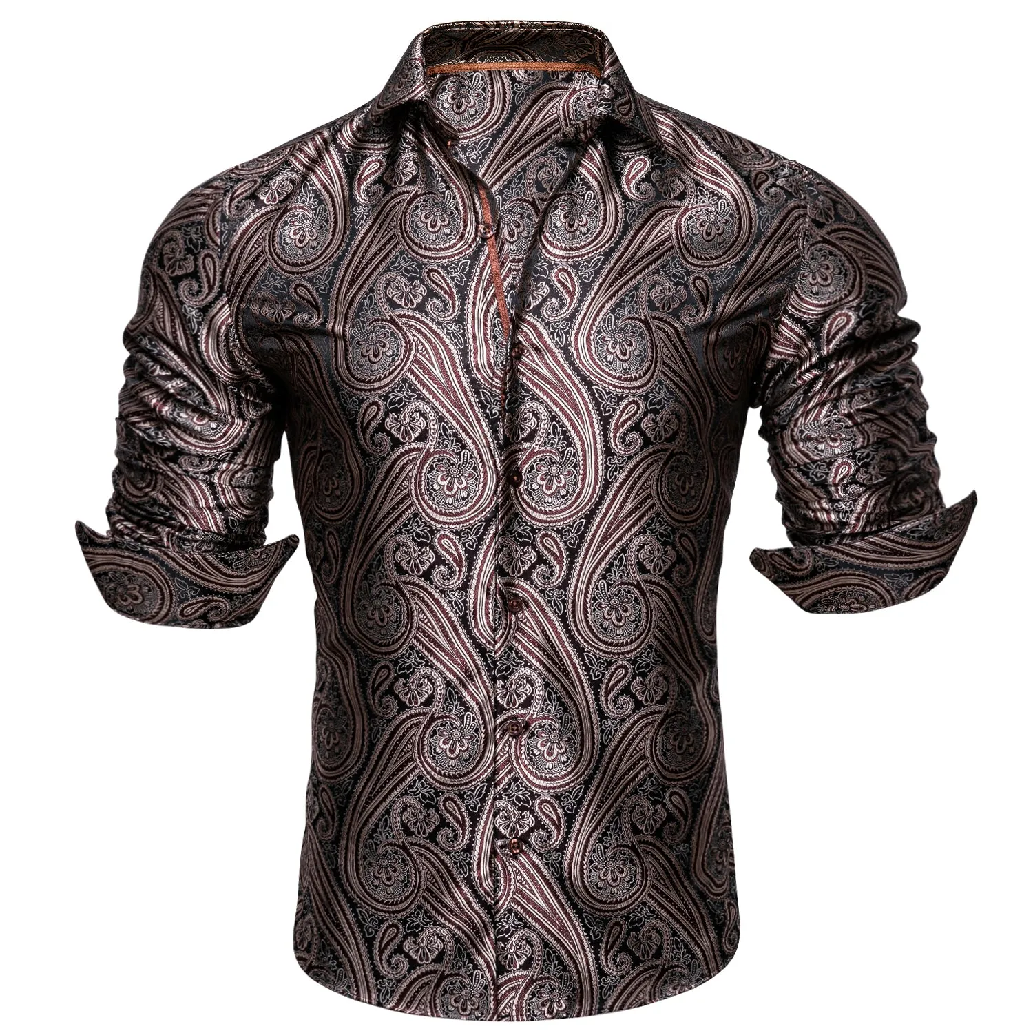 Barry Wang Brown Black Silk Tribal Long Sleeve Daily Tops Men's Shirt