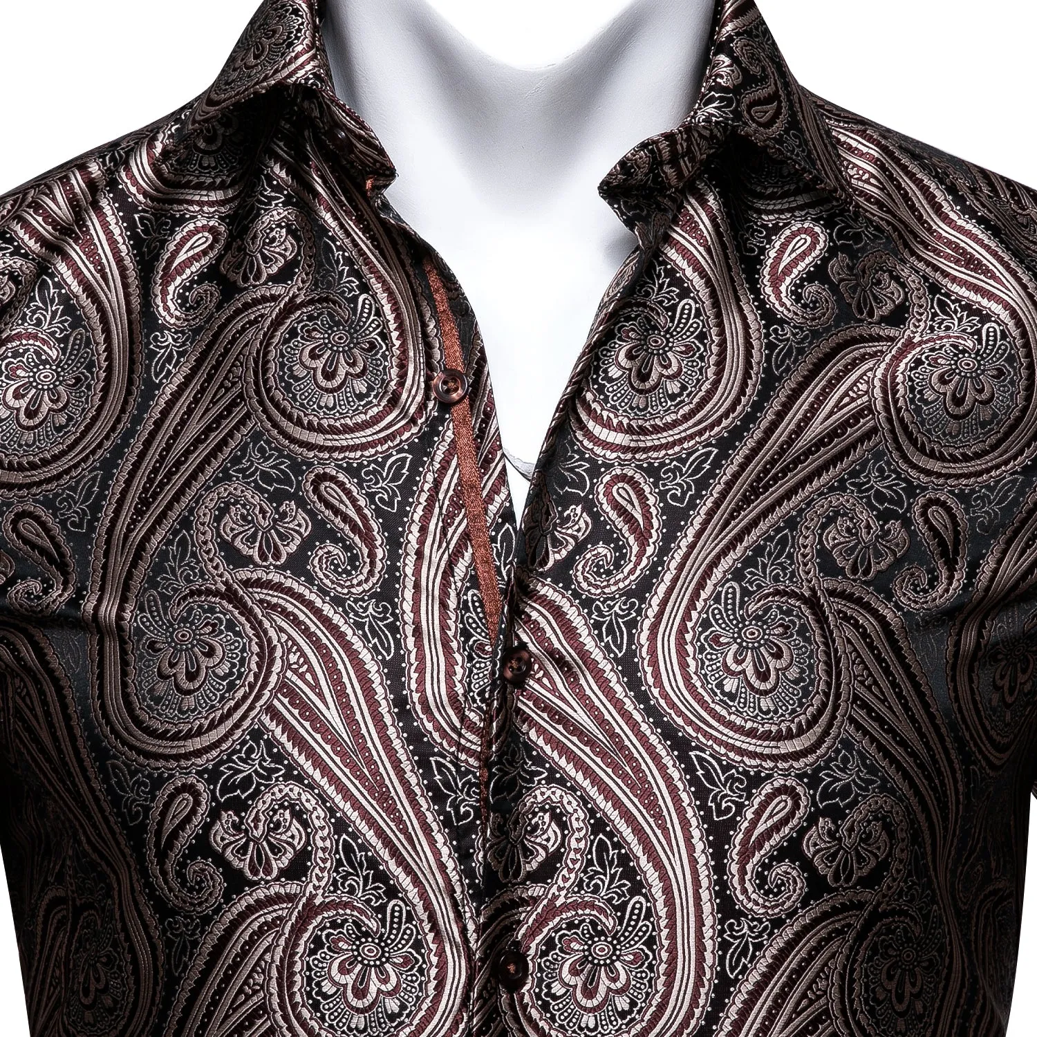 Barry Wang Brown Black Silk Tribal Long Sleeve Daily Tops Men's Shirt
