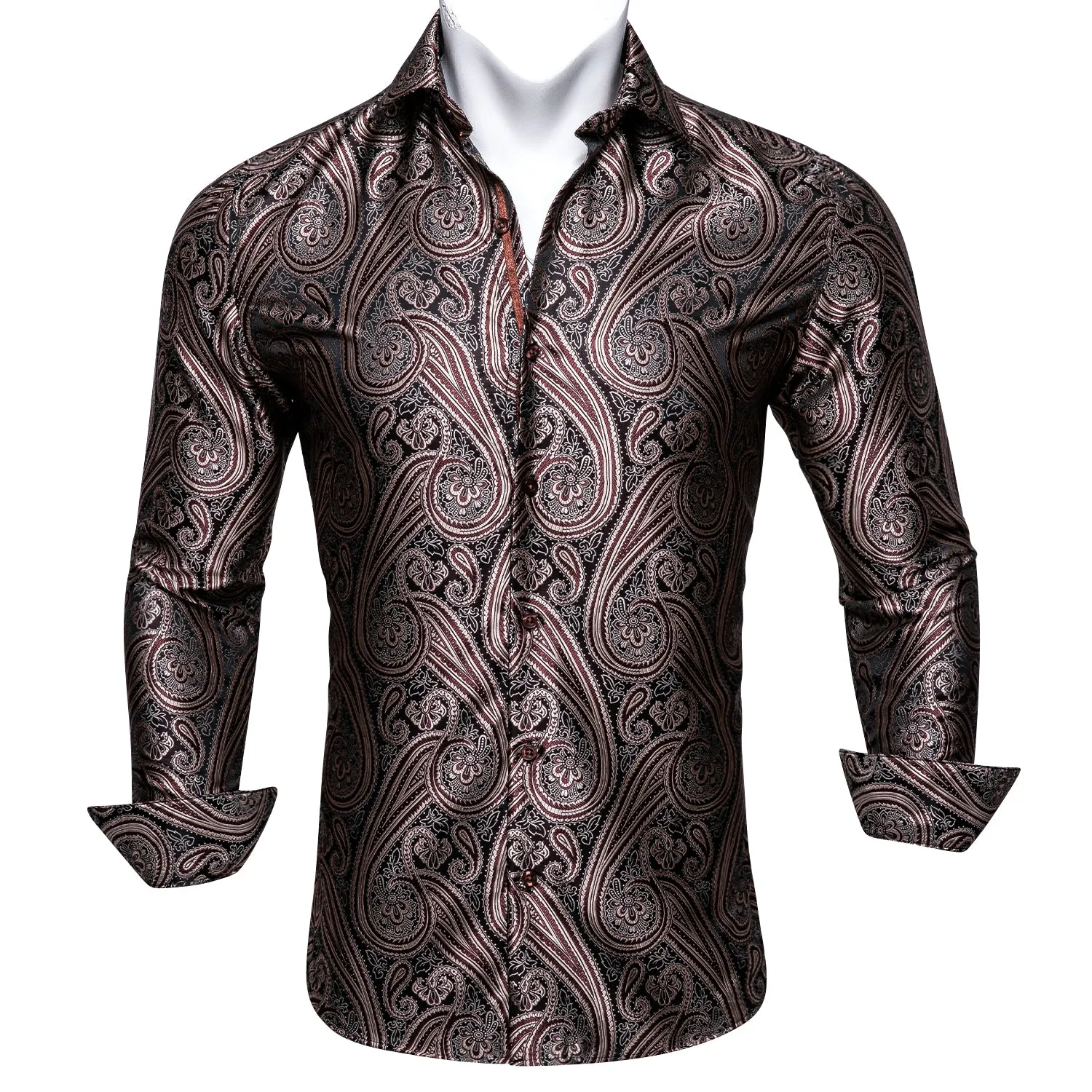 Barry Wang Brown Black Silk Tribal Long Sleeve Daily Tops Men's Shirt