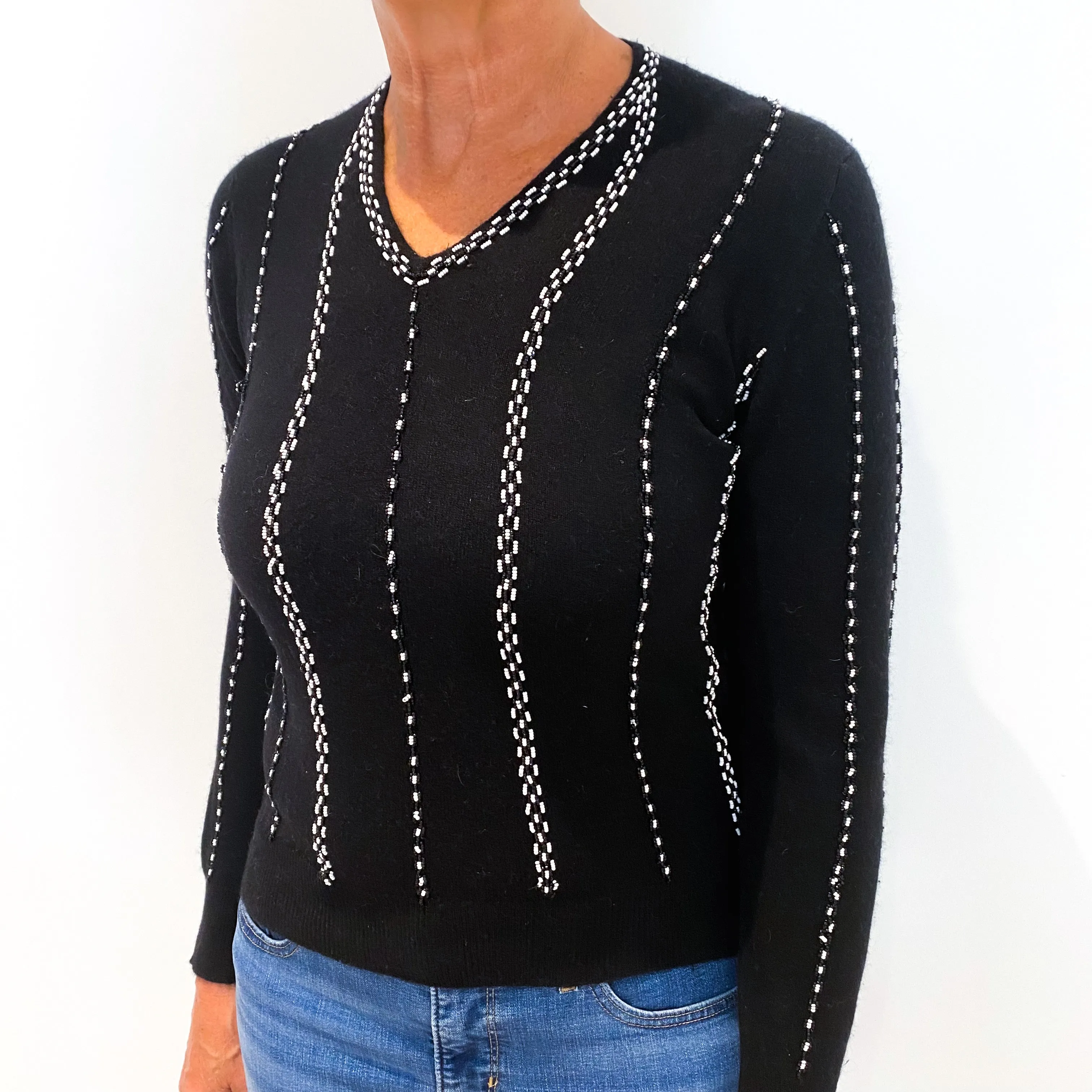 Black Beaded Cashmere V-Neck Jumper Medium