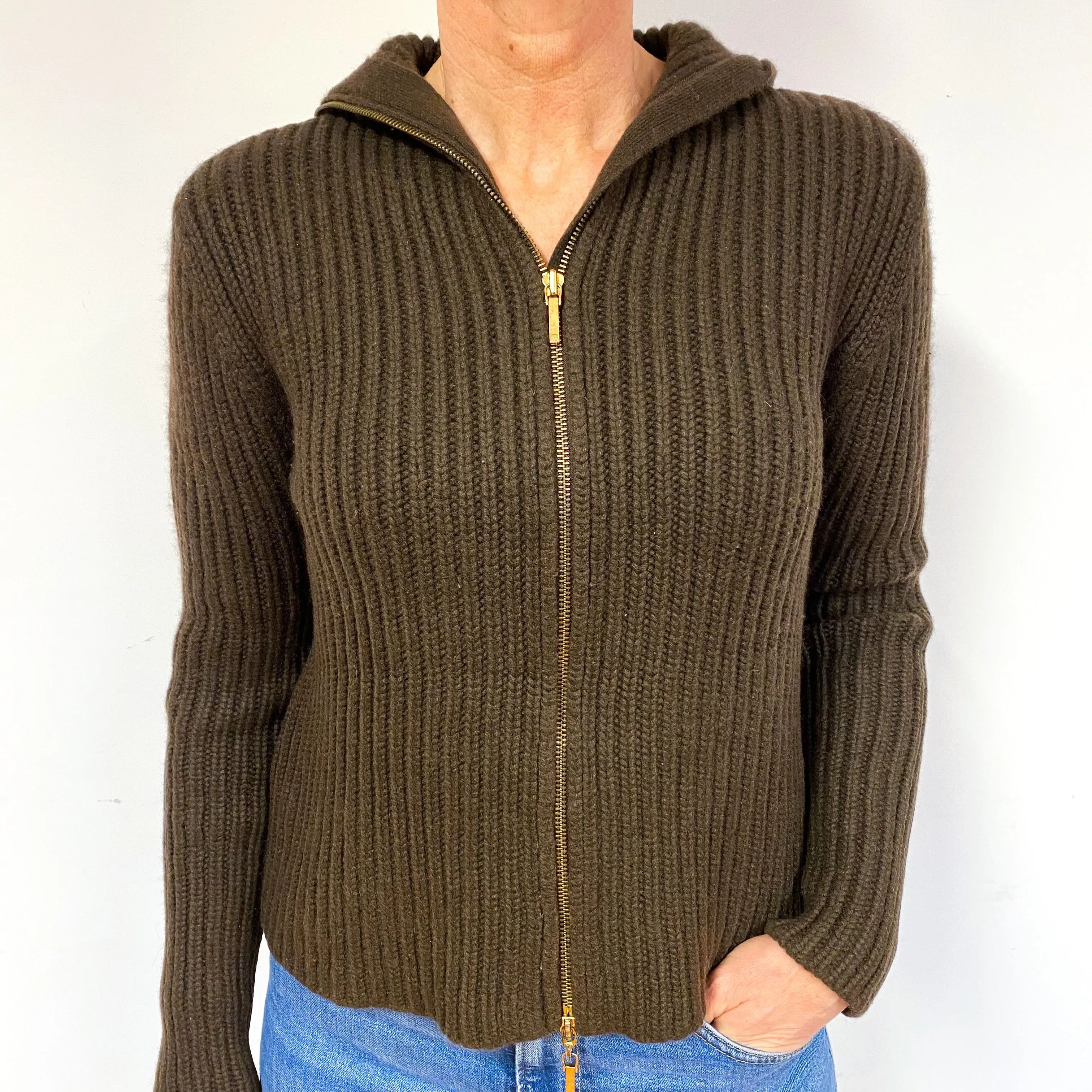 Chunky Dark Chocolate Brown Cashmere Zip Polo Neck Cardigan Medium