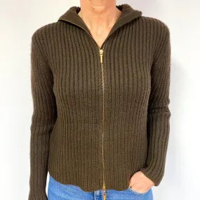 Chunky Dark Chocolate Brown Cashmere Zip Polo Neck Cardigan Medium