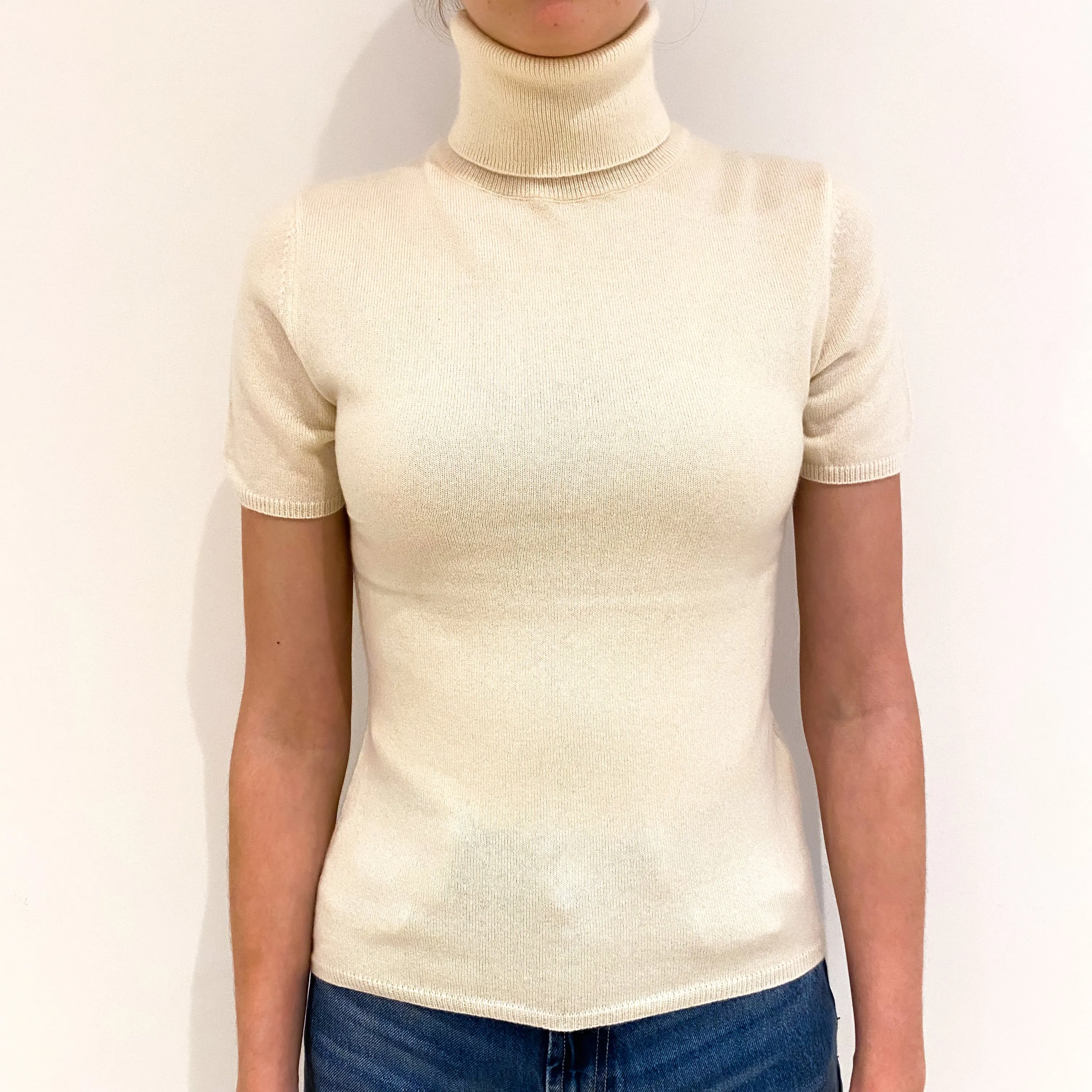 Cream Short Sleeved Cashmere Polo Neck Jumper Extra Small