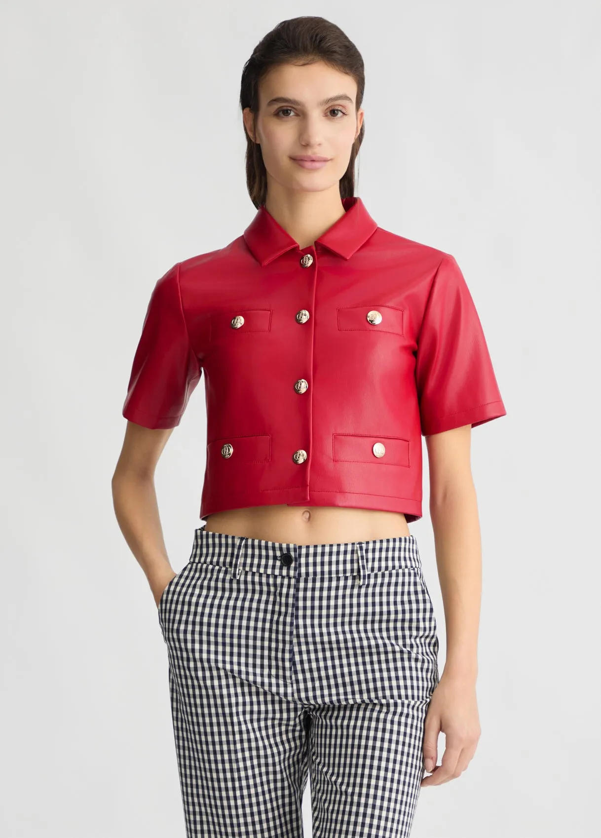 CROPPED VEGAN LEATHER JACKET RED