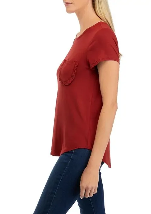 Cupio Crew Neck Cap Sleeve Chest Pocket Stretch Crepe Top
