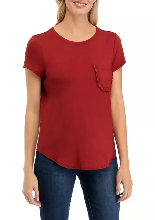 Cupio Crew Neck Cap Sleeve Chest Pocket Stretch Crepe Top