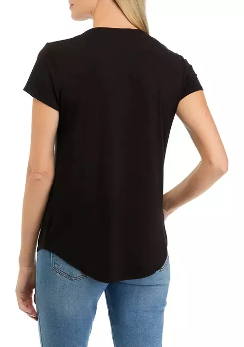 Cupio Crew Neck Cap Sleeve Chest Pocket Stretch Crepe Top