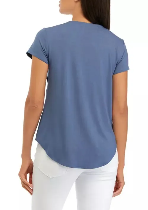 Cupio Crew Neck Cap Sleeve Chest Pocket Stretch Crepe Top