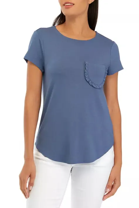 Cupio Crew Neck Cap Sleeve Chest Pocket Stretch Crepe Top