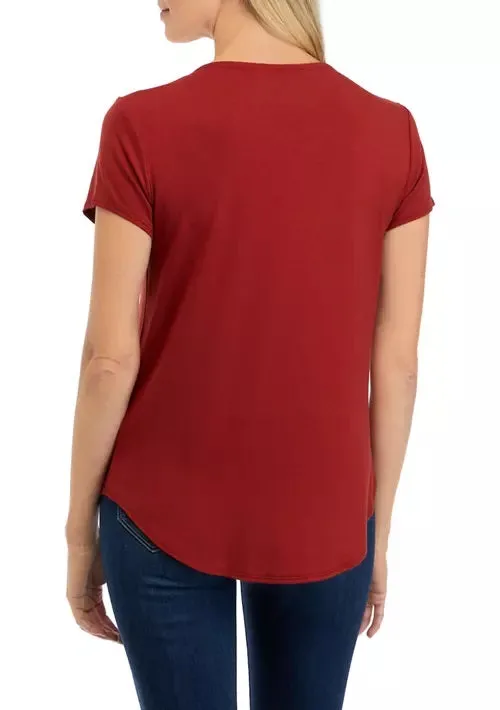 Cupio Crew Neck Cap Sleeve Chest Pocket Stretch Crepe Top
