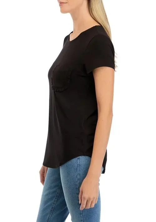 Cupio Crew Neck Cap Sleeve Chest Pocket Stretch Crepe Top