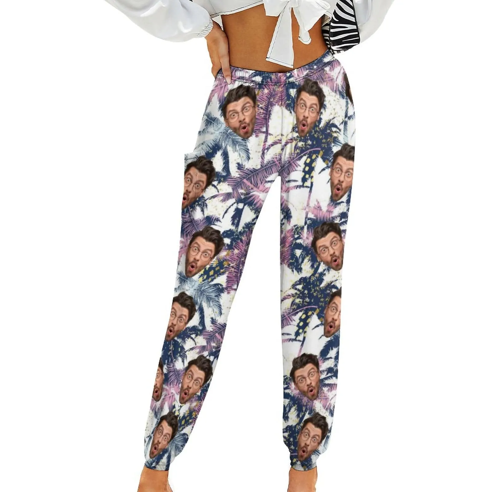 Custom Face Tropical Plants Women's Jogger Casual Trousers Pants Elastic Waist Workout Sport Gym Pants With Pocket