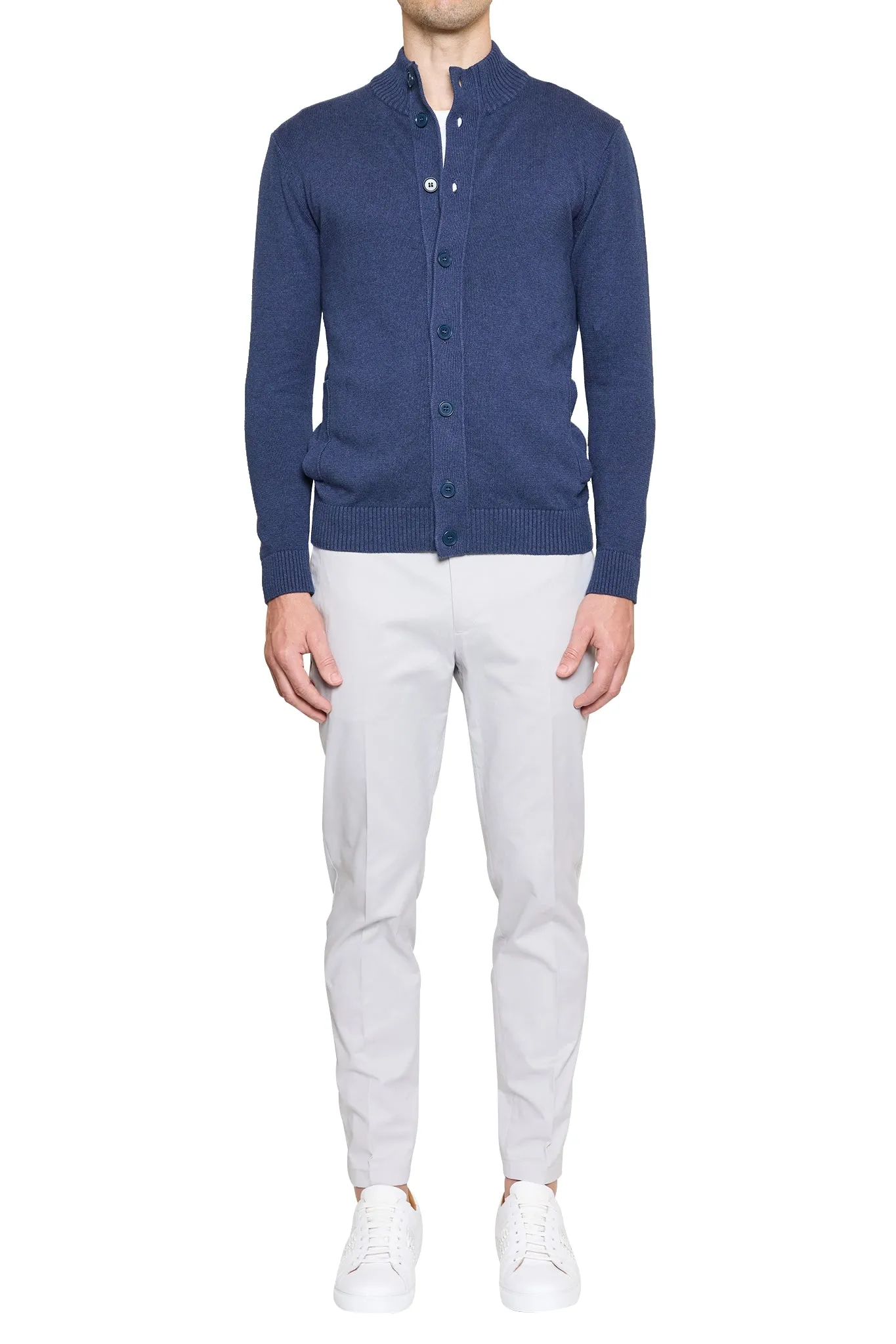 Dan Knitted Button Bomber in Navy Marle