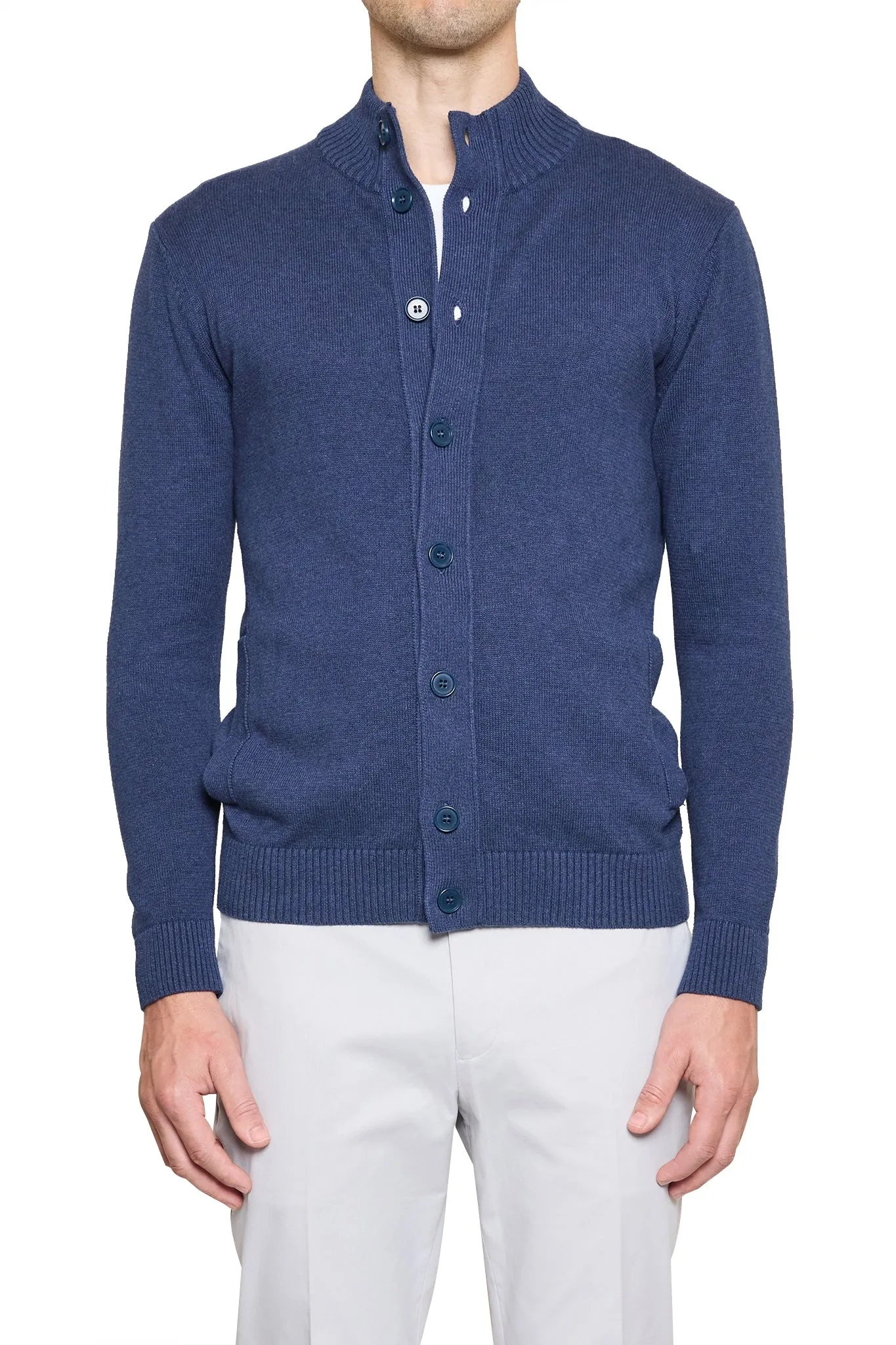 Dan Knitted Button Bomber in Navy Marle