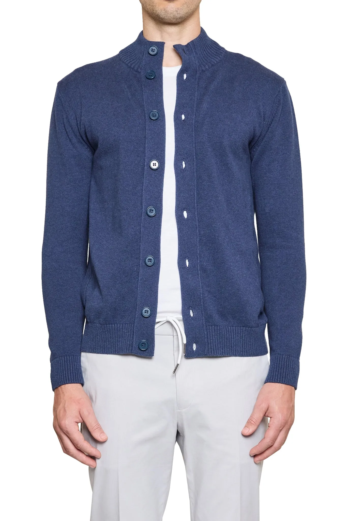 Dan Knitted Button Bomber in Navy Marle