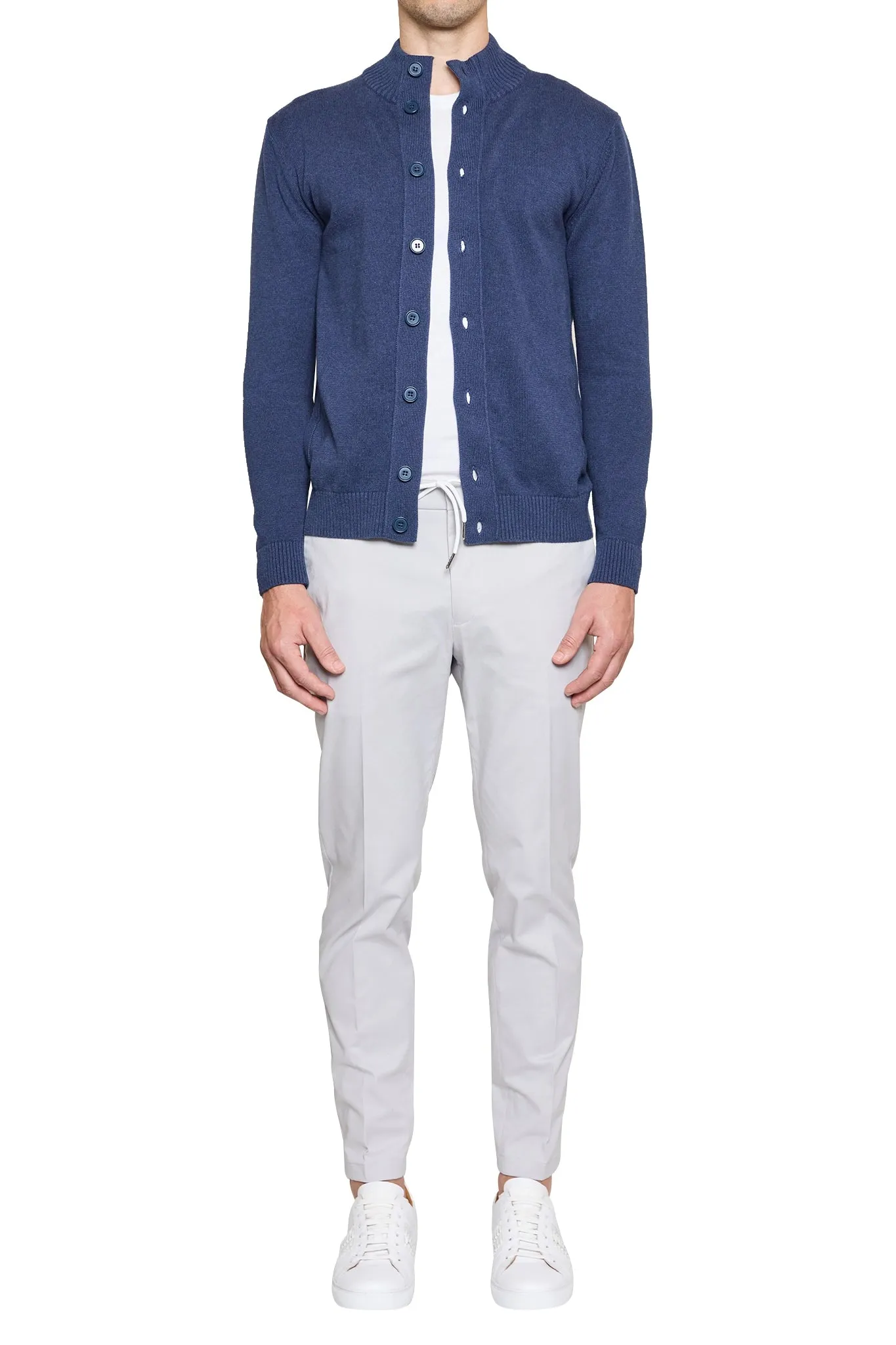 Dan Knitted Button Bomber in Navy Marle