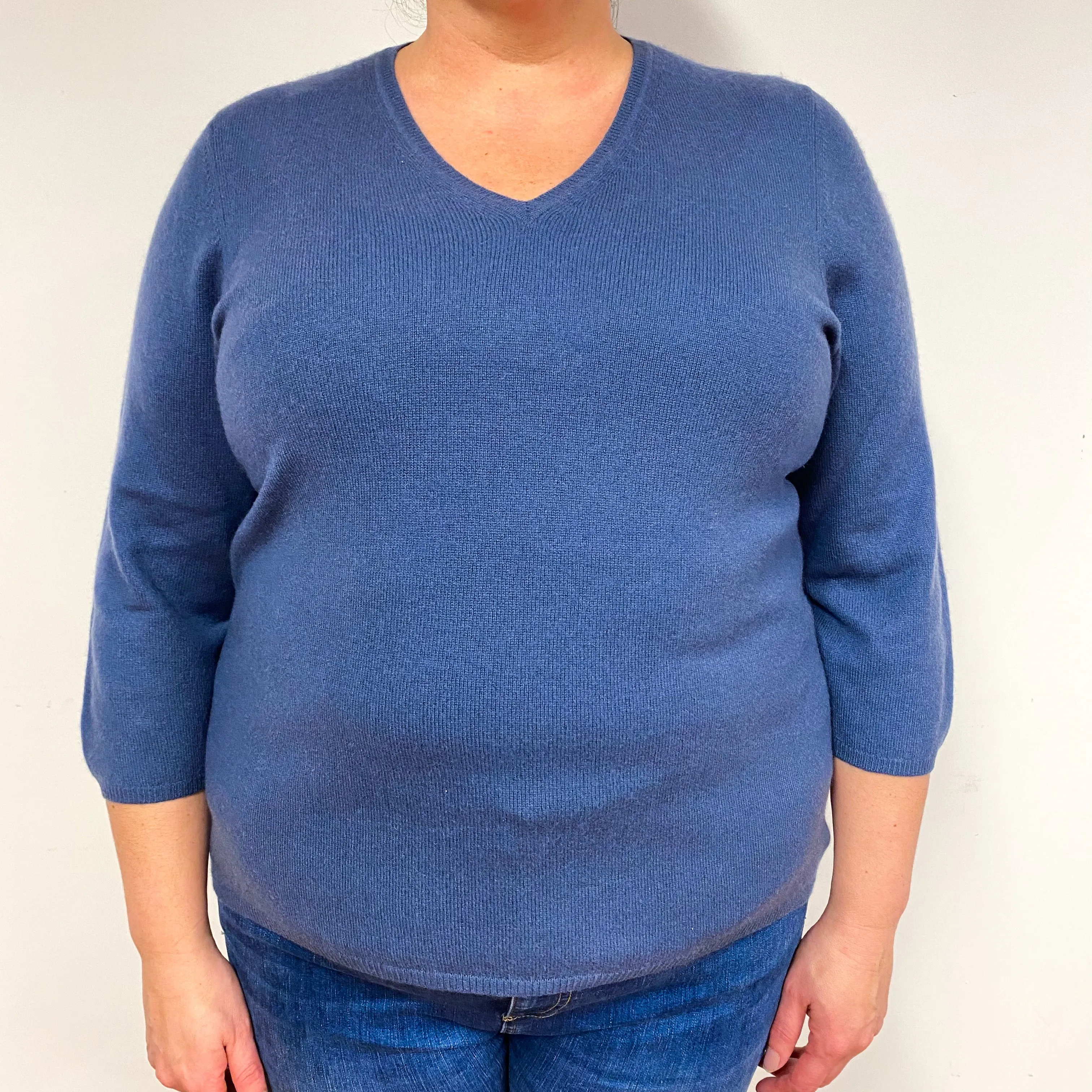 Denim Blue Cashmere V-Neck Jumper Extra Large