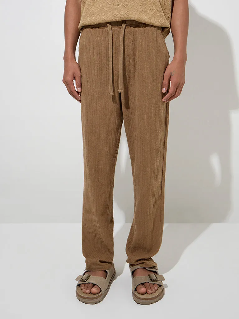 ETA Brown Self-Striped Relaxed-Fit Mid-Rise Cotton Chinos
