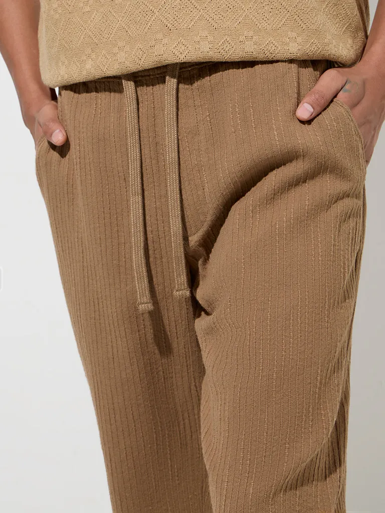 ETA Brown Self-Striped Relaxed-Fit Mid-Rise Cotton Chinos