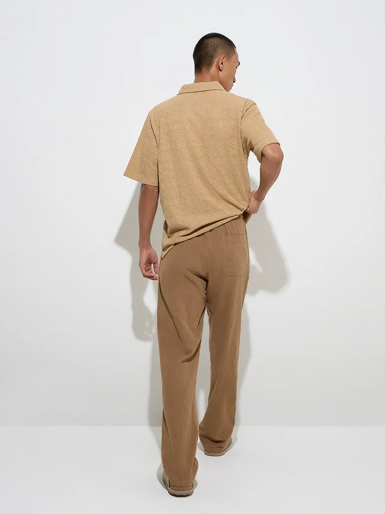 ETA Brown Self-Striped Relaxed-Fit Mid-Rise Cotton Chinos