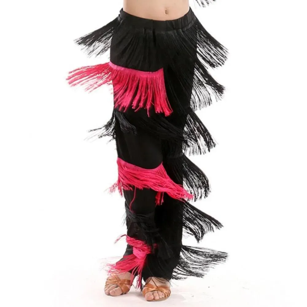 Fringe Dance Costume Pants - Girls Multi-color Tassel Belly Dancing Pants Cowgirl Style for Samba Salsa Ballroom Latin