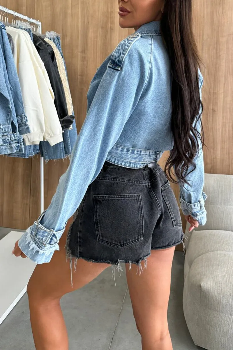 HCR1281 Cropped Denim Jacket with Belted Waist