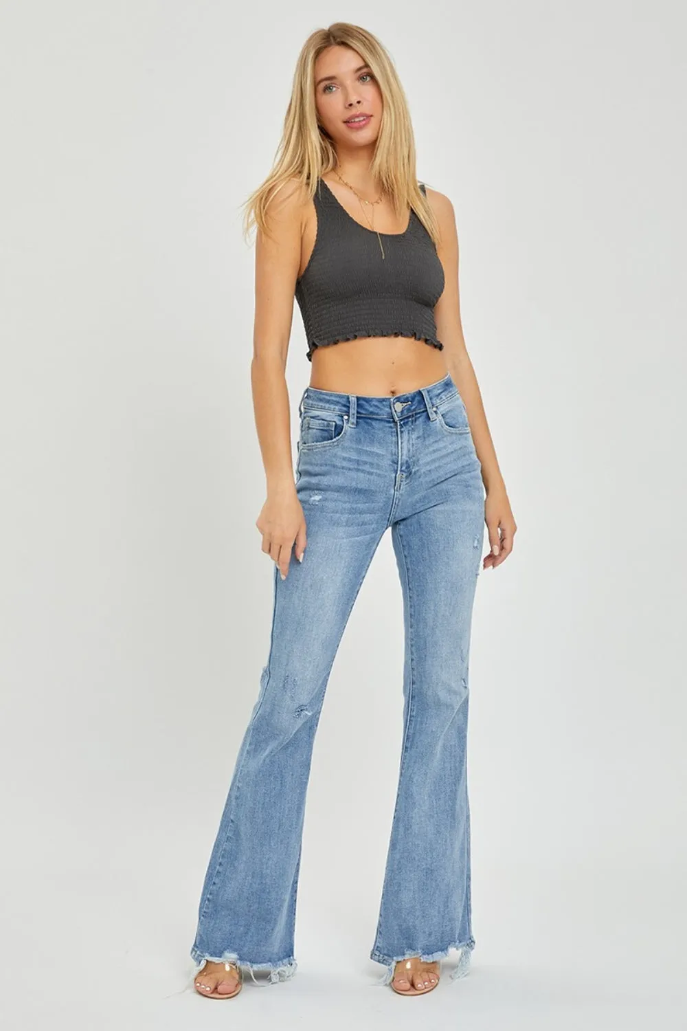 High Rise Frayed Hem Flare Jeans