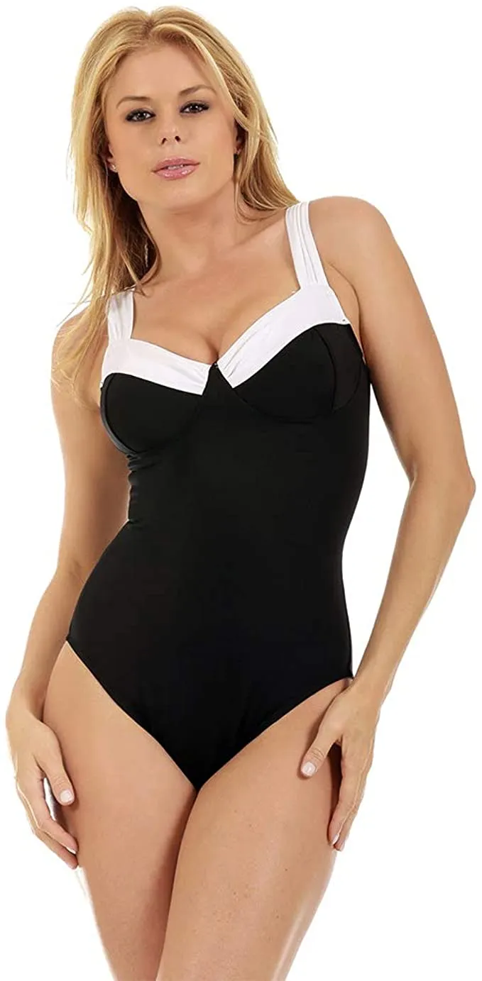 InstantFigure Women's Compression Shapewear Contrast Trim Tummy Control Padded One Piece  Color Black Size 8