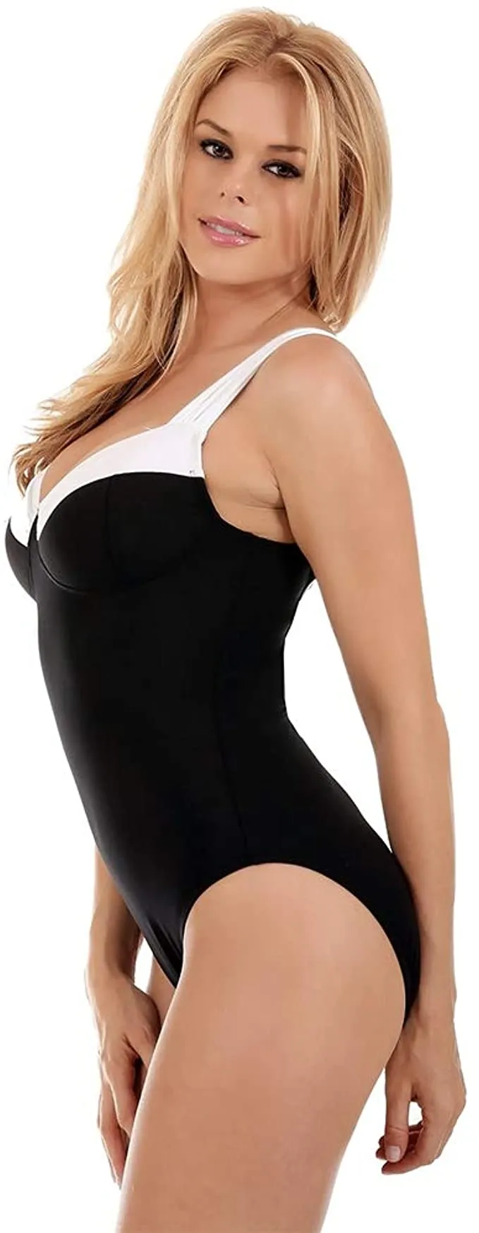 InstantFigure Women's Compression Shapewear Contrast Trim Tummy Control Padded One Piece  Color Black Size 8