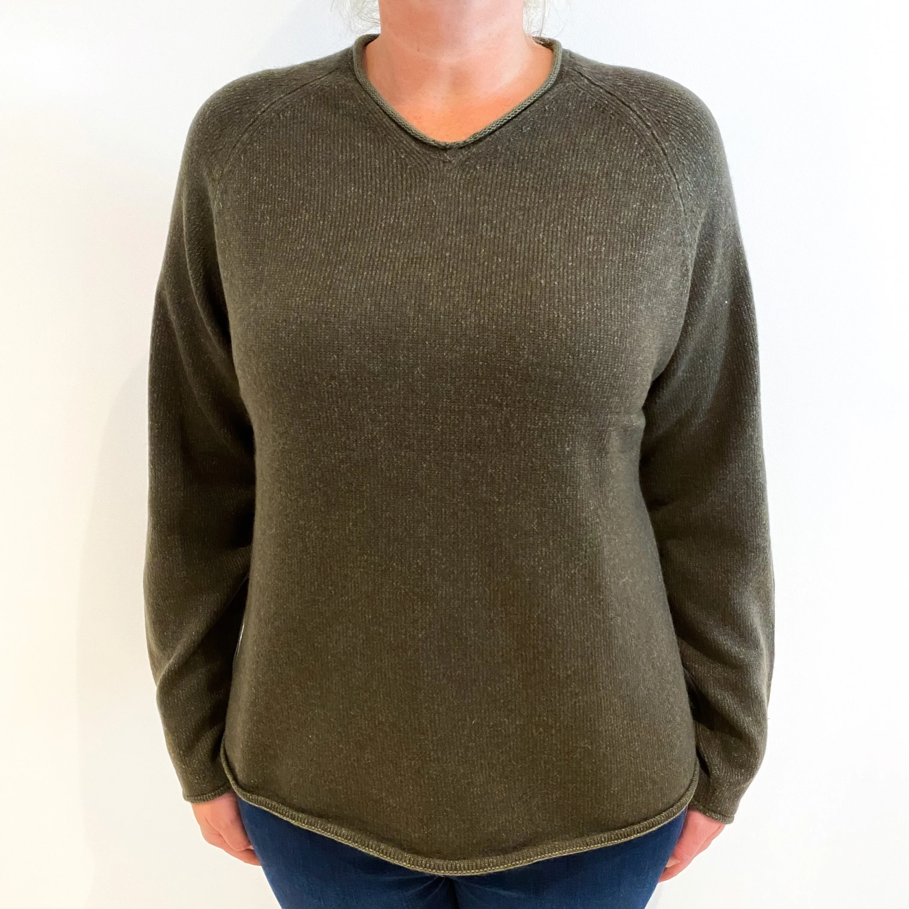 Khaki Marl Heavy Knit Cashmere V-Neck Jumper Large