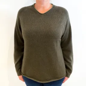 Khaki Marl Heavy Knit Cashmere V-Neck Jumper Large