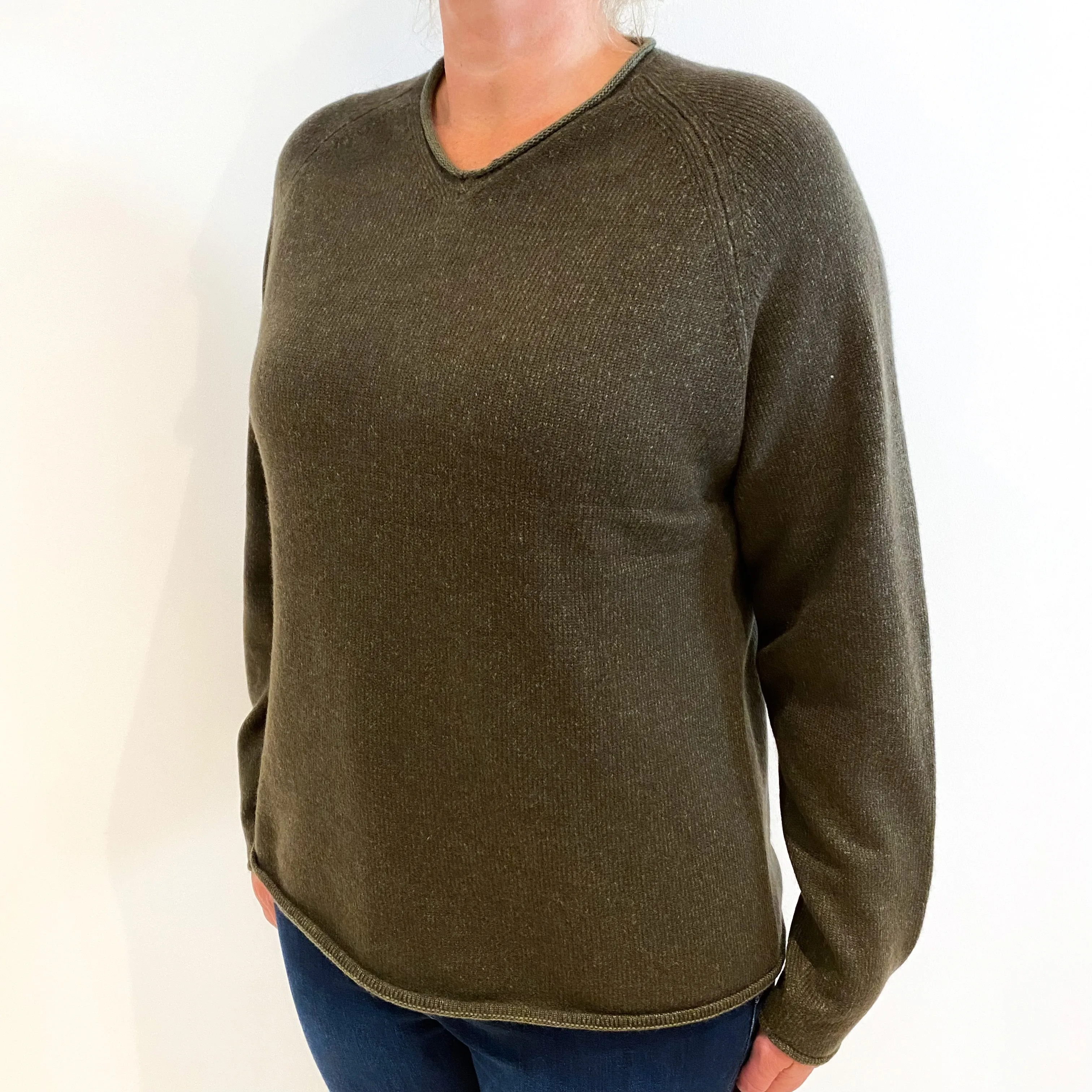 Khaki Marl Heavy Knit Cashmere V-Neck Jumper Large