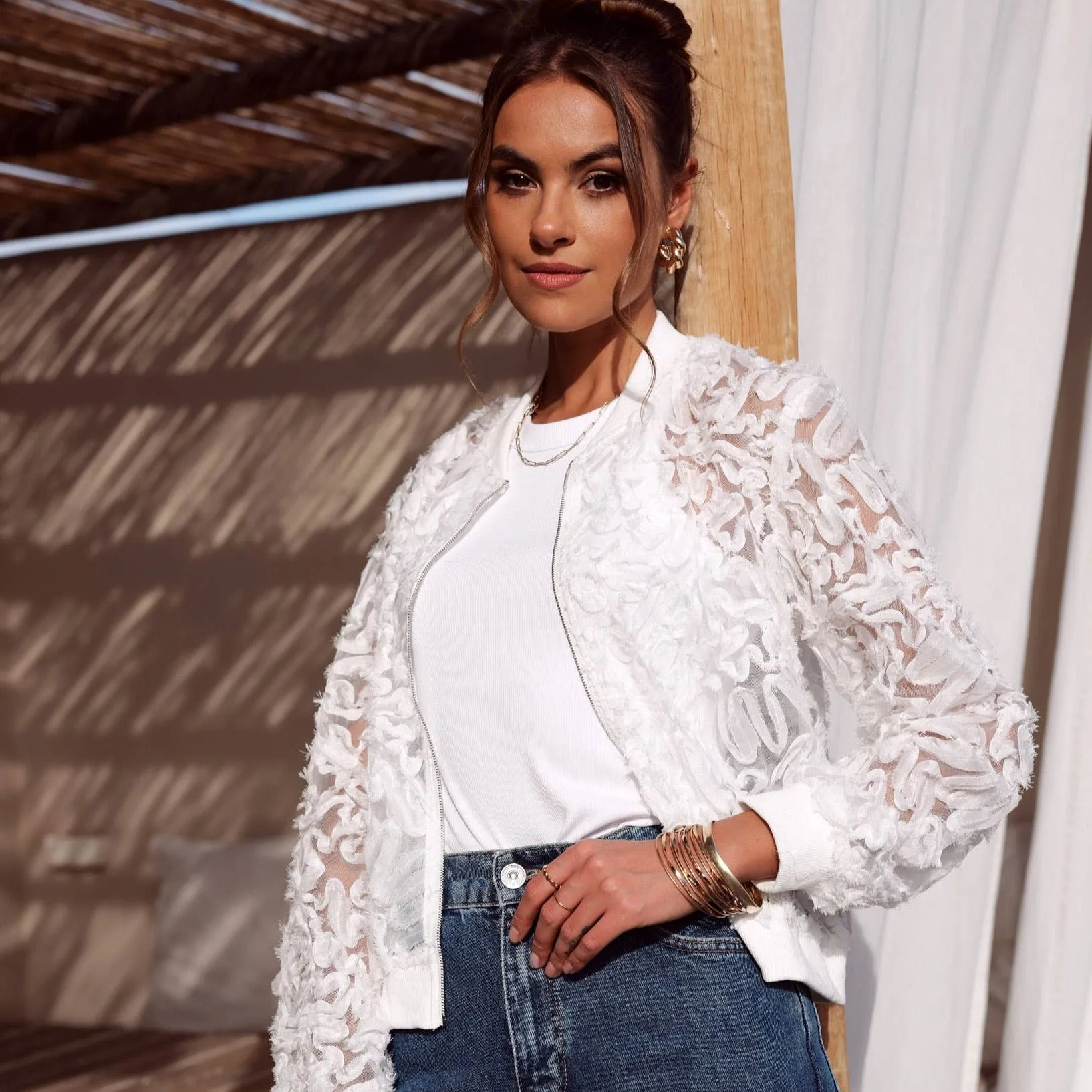 Lace Bomber Jacket, White or Black at Bourbon Cowgirl