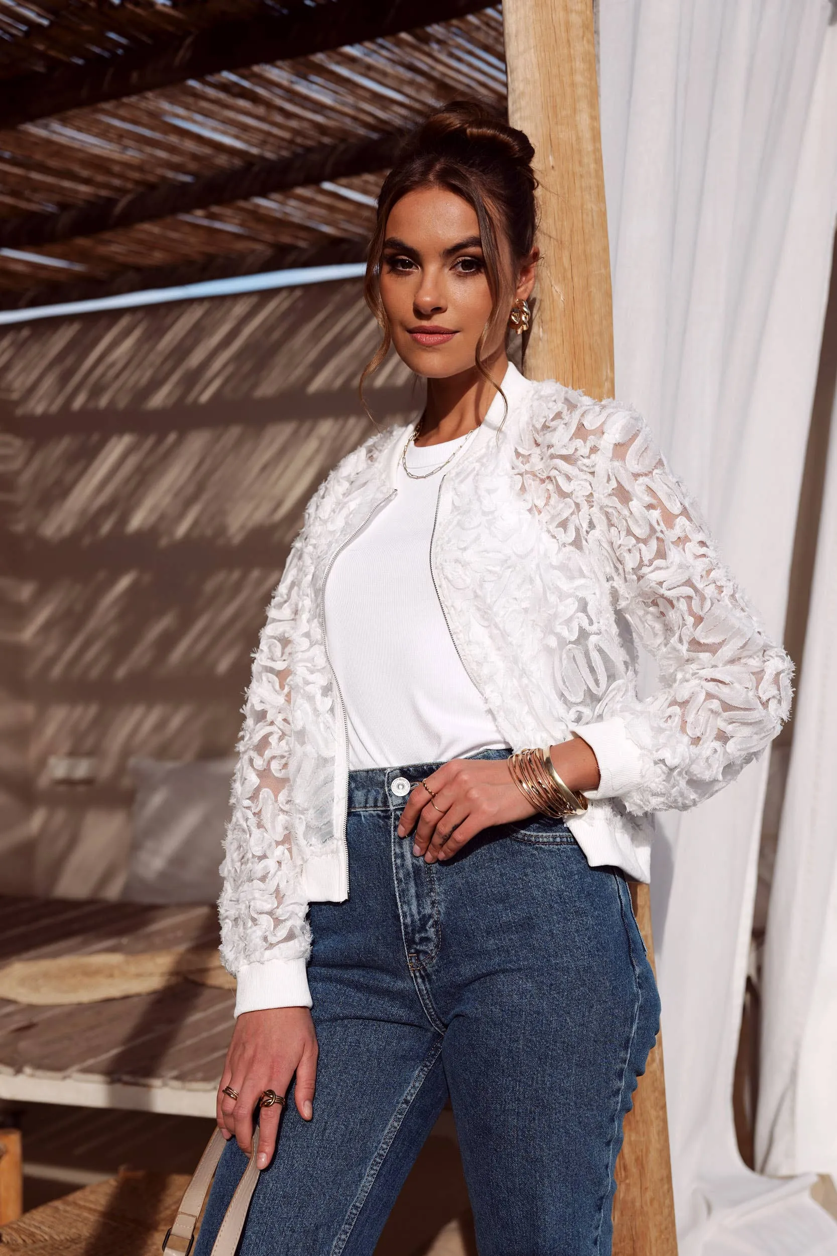 Lace Bomber Jacket, White or Black at Bourbon Cowgirl