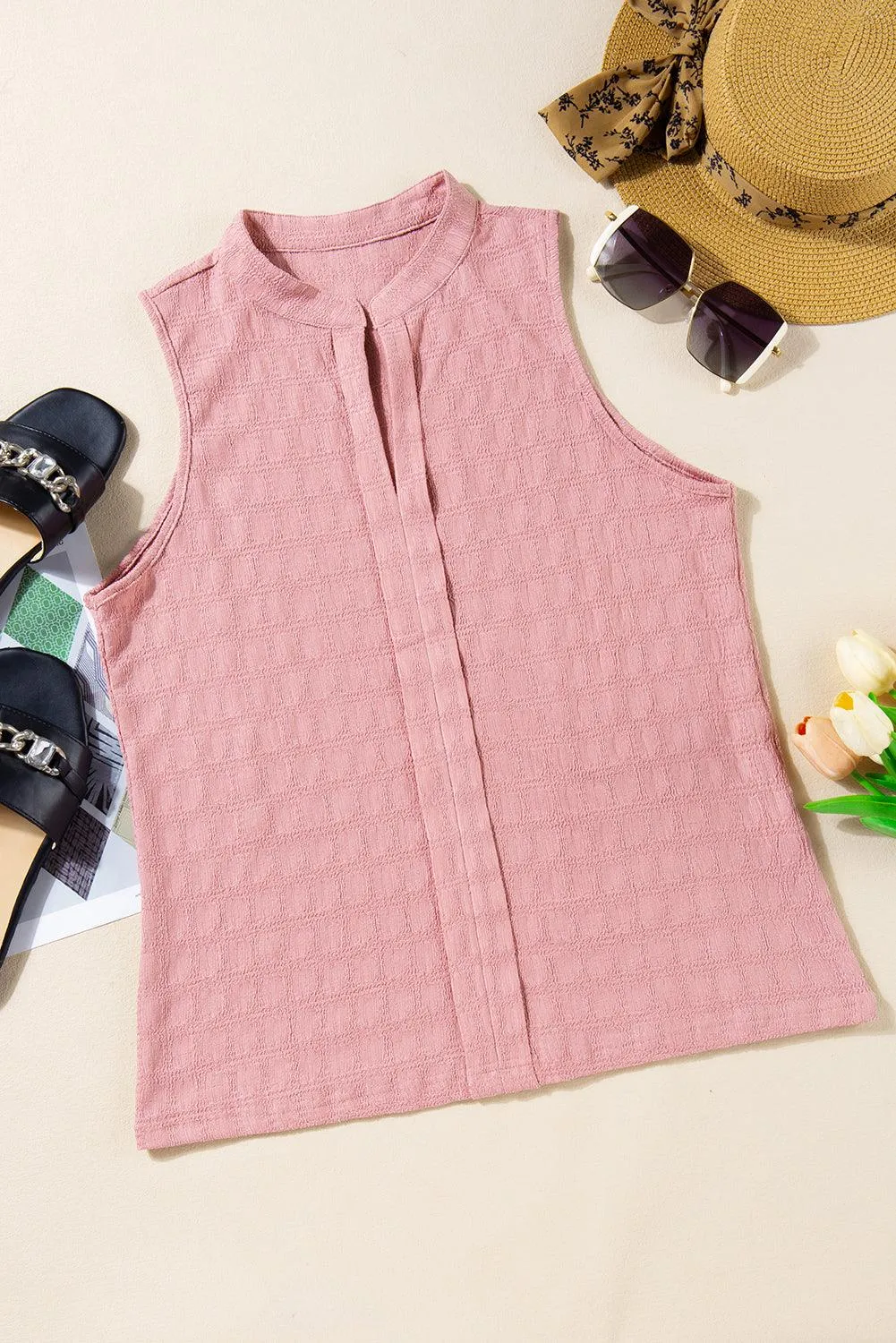 Lattice Textured Split Neck Sleeveless Tank Top for Women