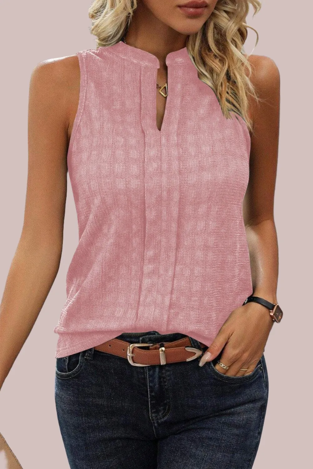 Lattice Textured Split Neck Sleeveless Tank Top for Women