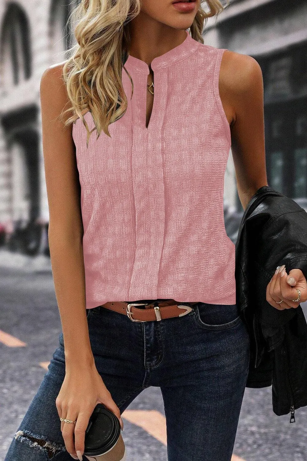 Lattice Textured Split Neck Sleeveless Tank Top for Women