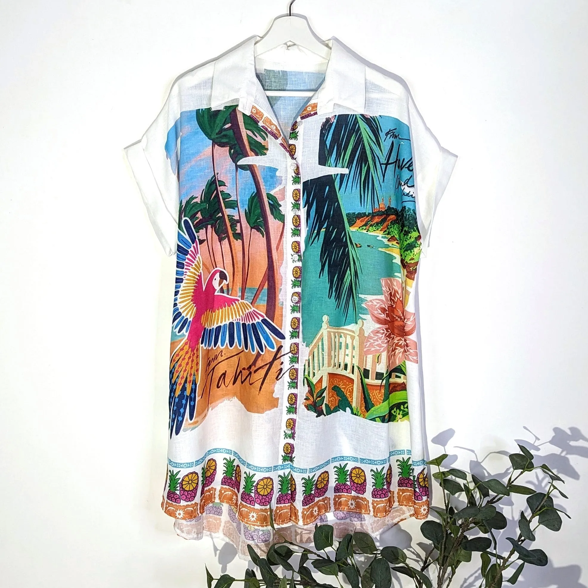 Long line slight hi-lo Tahiti print tropical shirt dress (M-L)