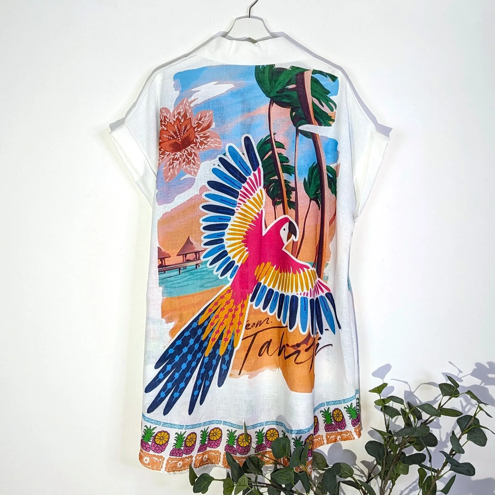 Long line slight hi-lo Tahiti print tropical shirt dress (M-L)