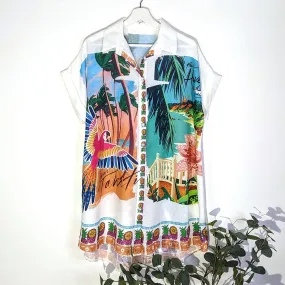 Long line slight hi-lo Tahiti print tropical shirt dress (M-L)