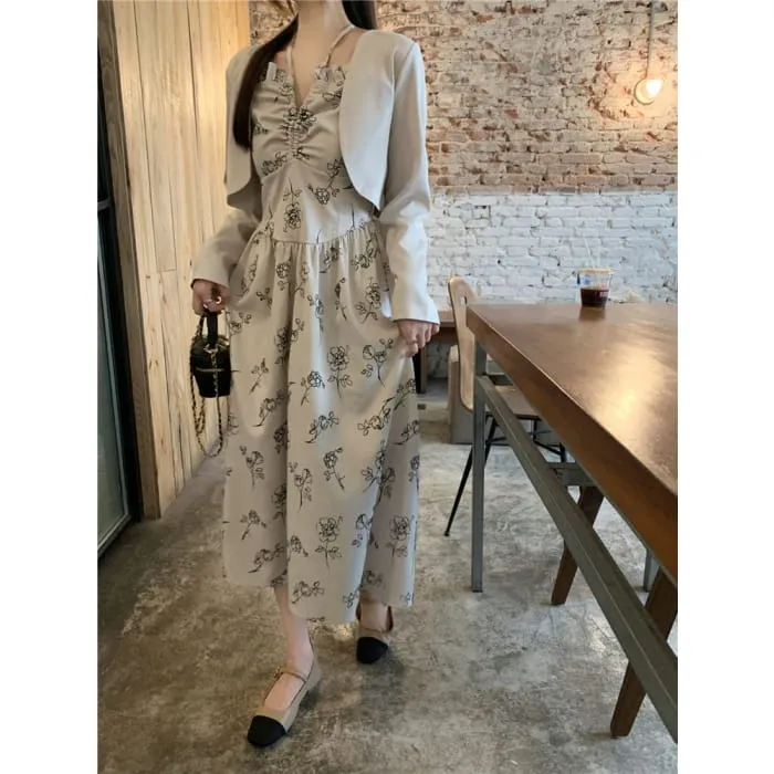 Long-Sleeve Notch Neck Floral Midi A-Line Dress / Plain Cropped Jacket