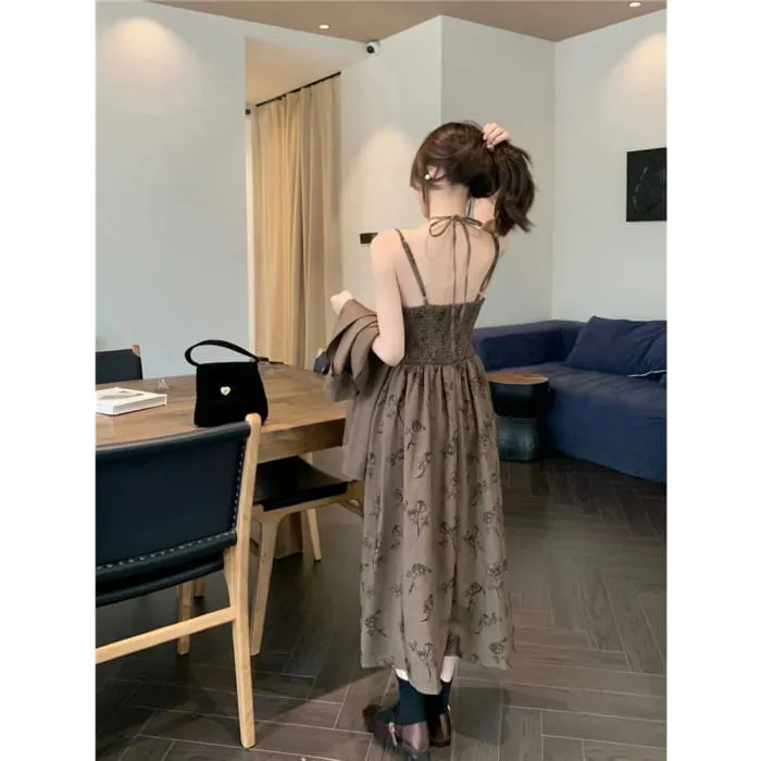 Long-Sleeve Notch Neck Floral Midi A-Line Dress / Plain Cropped Jacket
