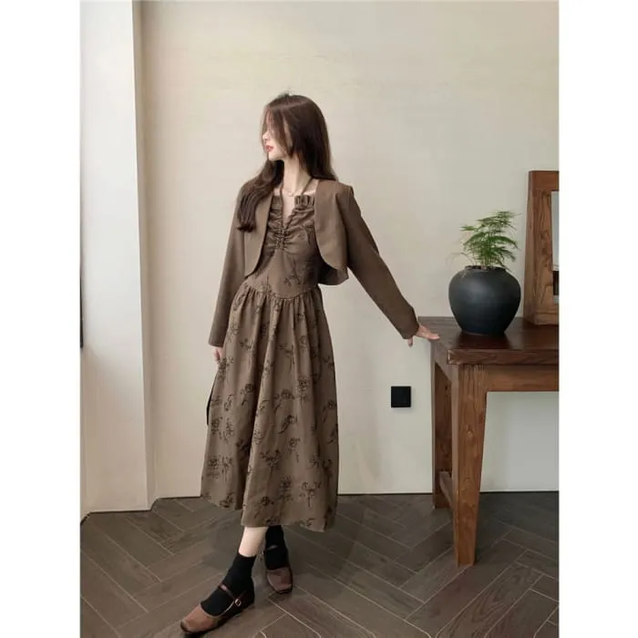 Long-Sleeve Notch Neck Floral Midi A-Line Dress / Plain Cropped Jacket
